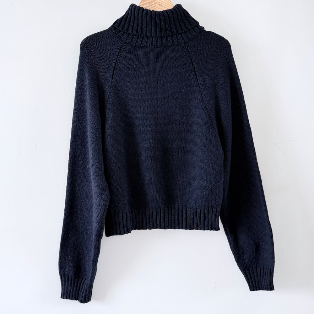 ZARA Ribbed Asymmetrical Turtleneck Sweater Navy Wool Blend Size S Minimal Knit - Picture 7 of 16